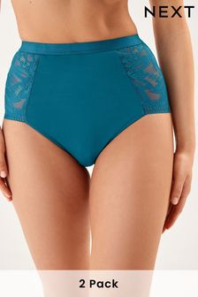 Teal Blue/Cream Tummy Control High Rise Microfibre & Lace Knickers 2 Pack (C28161) | SGD 33