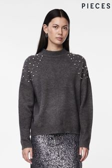 PIECES Grey High Neck Pearl Detail Jumper (C28254) | €54