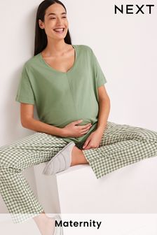 綠色方格圖案 - 孕婦裝棉質平織睡衣 (C28529) | NT$810