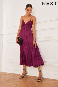 Purple Halter Neck Satin Maxi Dress (C28593) | $83