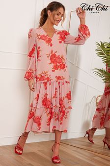 Chi Chi London Pink Long Sleeve Floral Printed Midi Summer Dress (C28622) | €41