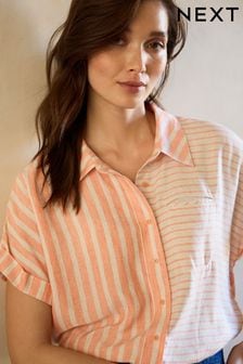 Peach Pink Stripe Short Sleeve Shirt With Linen (C29006) | €16