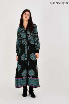 Monsoon Black Suri Velvet Trim Maxi Shirt Dress in Sustainable Viscose (C29097) | 108 €
