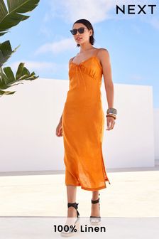 oranžová - Volánové midi šaty ze 100% lnu (C29102) | 1 510 Kč