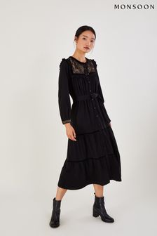 Monsoon Black Velvet Embroidered Yoke Jersey Dress (C29114) | 58 €
