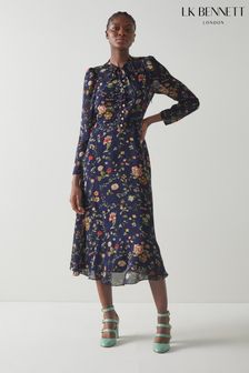 LK Bennett Blue Keira Camelia Print Silk Georgette Midi Dress (C29540) | 536 €