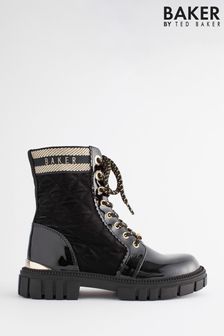 Baker by Ted Baker Girls Quilted Lace Up Black Boots with Gold Trims (C29548) | 282 QAR - 292 QAR