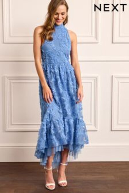 Korenbloemblauw - Mesh midi-jurk met 3D bloemen (C29755) | €82