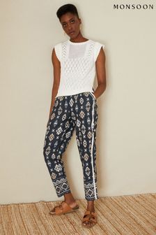Monsoon Blue Ikat Print Pull On Trousers In Sustainable Cotton (C30262) | €58