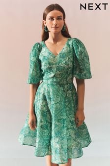 Green Tile Print Puff Sleeve V-Neck Occasion Mini Dress (C30605) | $124