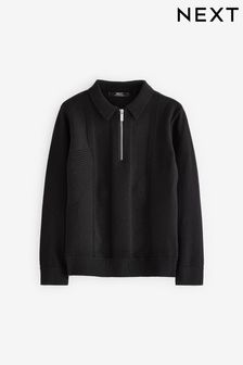 Black - Textured Knit Zip Neck Long Sleeve Polo Shirt (3-16yrs) (C30881) | kr270 - kr360