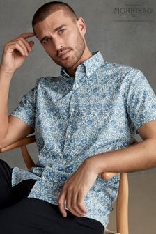 Blue/Pink And Rose Print - Slim Fit Short Sleeve - Morris & Co. Shirt (C31465) | KRW67,200