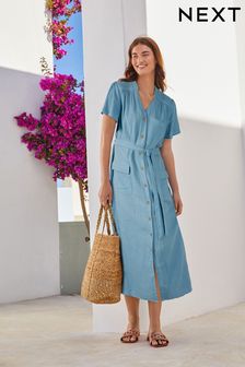 Blue Blue Belted Shirt Midi Summer Dress (C31600) | 57 €