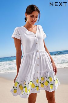 Білий вишиванка - Лляні купажні багатоярусні міні-сукні (C32092) | 927 ₴