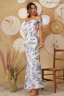 Fioletowa atłasowa sukienka maxi Hope And Ivy z drapowanym przodem i ozdobnymi rękawkami (C32125) | 239 zł