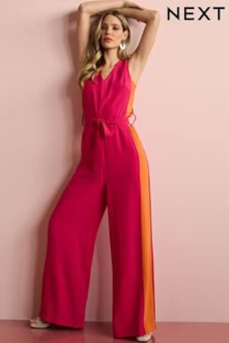 Pink/Orange Panel Detail Belted Jumpsuit (C32520) | DKK415