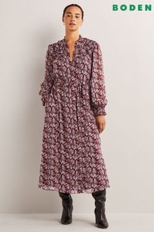 Roza cvetlična srednje dolga srajčna obleka z naborki na naplečniku Boden (C32687) | €64