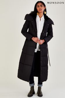 Monsoon Flossy Funnel Hooded Padded Black Maxi Coat (C32857) | €103