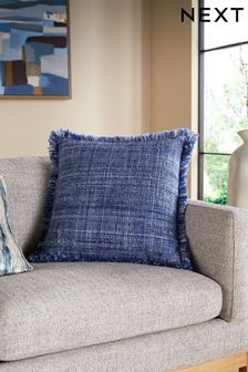 Blue 50 x 50cm Harlston Textured Fringe Cushion
