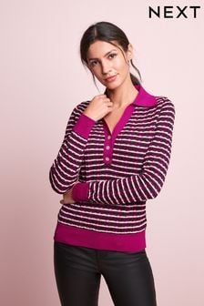 Raspberry Pink Gem Button Geometric Stripe Polo Neck Knit Top (C33266) | 23 €