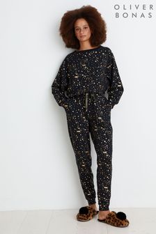 Oliver Bonas Leopard Star Foil Black Jersey Top & Trousers Pyjama Set (C33307) | 87 €
