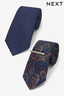 Navy Blue/Paisley Regular Textured Tie With Tie Clip 2 Pack (C33373) | $28
