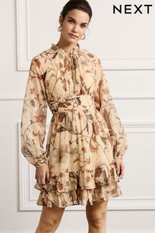 Ecru Floral Print Long Sleeve Mini Dress (C33663) | $88