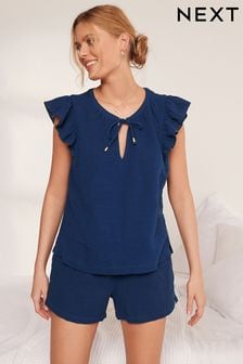 Blue Cotton Crinkle Frill Top (C33797) | €10