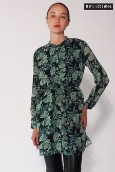 Verde - Rochie tip cămașă tip tunică cu imprimeuri pictate manual Religion Cu talie înaltă (C33815) | 358 LEI