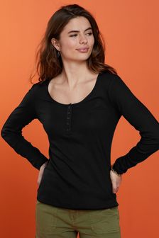 Black Ribbed Henley Long Sleeve Top (C34066) | ₪ 47