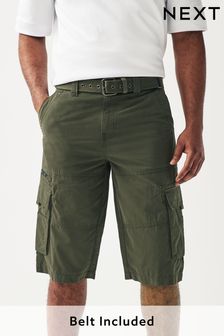 Khaki Green Long Length Belted Cargo Shorts (C34074) | Kč1,155