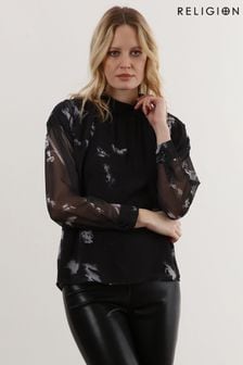 Religion Black High Neck Sheer Solid Long Sleeve top (C34187) | ₪ 302