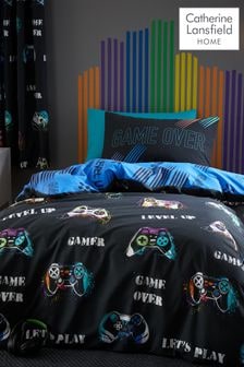 Catherine Lansfield Black Game Over Reversible Duvet Cover And Pillowcase Set (C34327) | $27 - $36