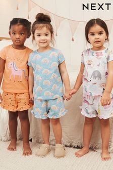 (C34342) | €32 - €40 Blauw/oranje met eenhoorn - Set van 3 korte pyjama's (3-16 jr)