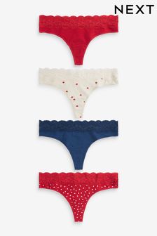 Heart Print Thong Lace Trim Cotton Blend Knickers 4 Pack (C34808) | R250