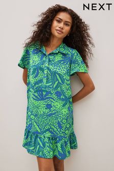 Celia Birtwell Green / Blue Floral Mini Short Sleeve Shirt Dress (C34881) | 82 zł