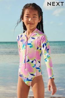 White/Pink Palm Panelled Long Sleeved Swimsuit (3-16yrs) (C34958) | €14 - €19