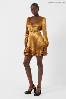 French Connection Gold Denney Satin Long Sleeve V-neck Dress (C35187) | 109 €