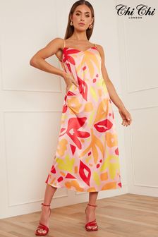 Chi Chi London Orange Abstract Print Midi Slip Dress (C35622) | 257 QAR
