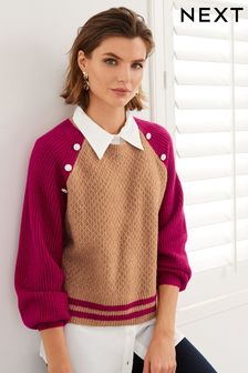 Camel Brown/Red Colourblock Gem Button Collar Shirt Layer Jumper (C35660) | KRW68,700