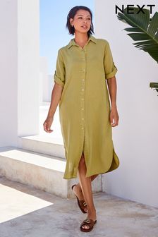 Green Midi Shirt Summer Dress with Linen (C35766) | €38