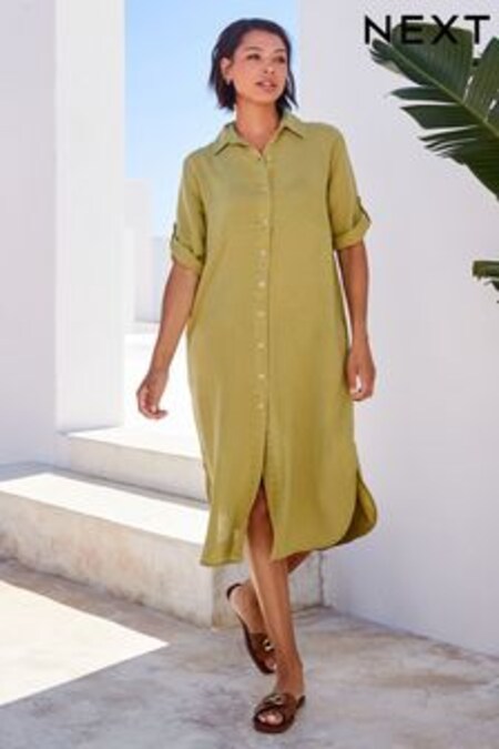 Green Midi Shirt Summer Dress with Linen (C35766) | BGN 92