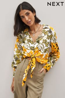 Orange & Green Floral Tie Front Collared Long Sleeve Shirt (C36026) | €18.50
