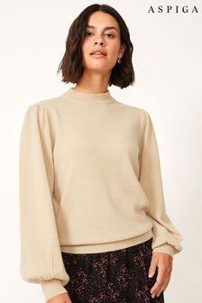 Kamelowy sweter z dekoltem w szpic z domieszką wełny Merino Aspiga (C36863) | 473 zł