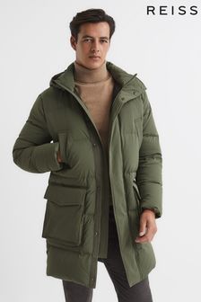Reiss Khaki Skye Hooded Mid Length Puffer Jacket (C36900) | €498