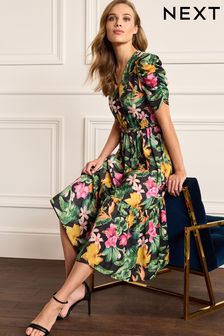 Floral Ruched Sleeve Satin Midi Dress (C37085) | 30 €