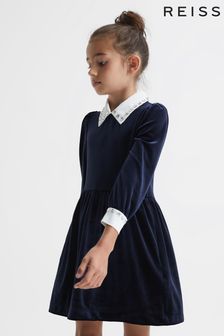 Reiss Navy Riley Junior Diamante Collar Velvet Dress (C37308) | BGN 190