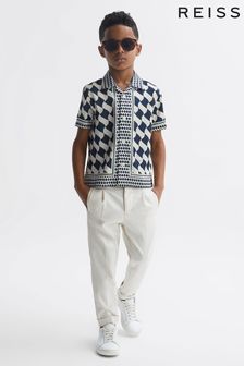 Reiss Navy/Ivory Devaroe Junior Cuban Collar Short Sleeve Shirt (C37325) | OMR32