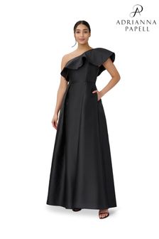 Adrianna Papell One Shoulder Black Mikado Gown (C37366) | BGN695