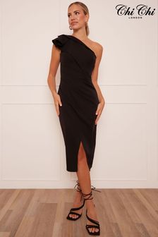 Czarny - Sukienka kopertowa midi Chi Chi London na jedno ramię (C37639) | 490 zł